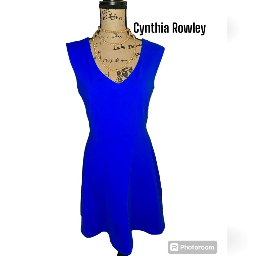 Cynthia Rowley A-Line Dress M 👗 Blue Stretch Structured Sleeveless V-neck Zip